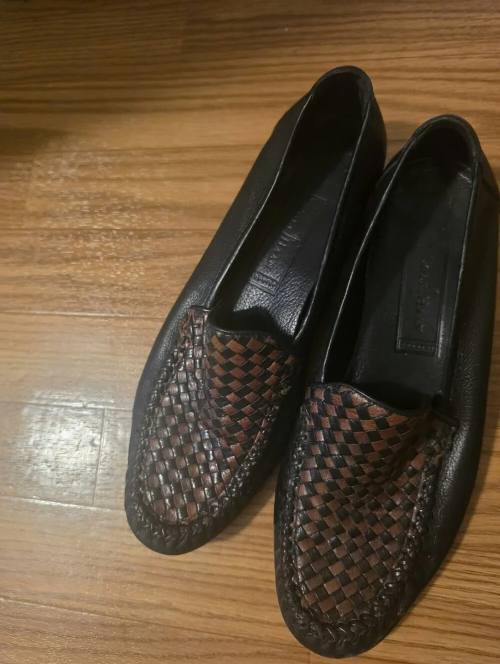 Cole Haan Black Leather Loafers with Brown Woven Vamp
